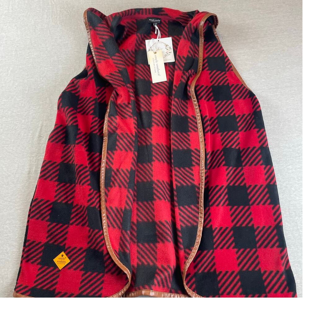 Simply Southern Sleeveless Flannel Cardigan Vest Red Black Buffalo Plaid M New